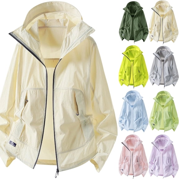 Mens Hooded Sun Protection Windbreaker Jacket Mask Lightweight Breathable Athletic Coat with Zip Pockets for Fishing Hiking Climbing, Beige, S