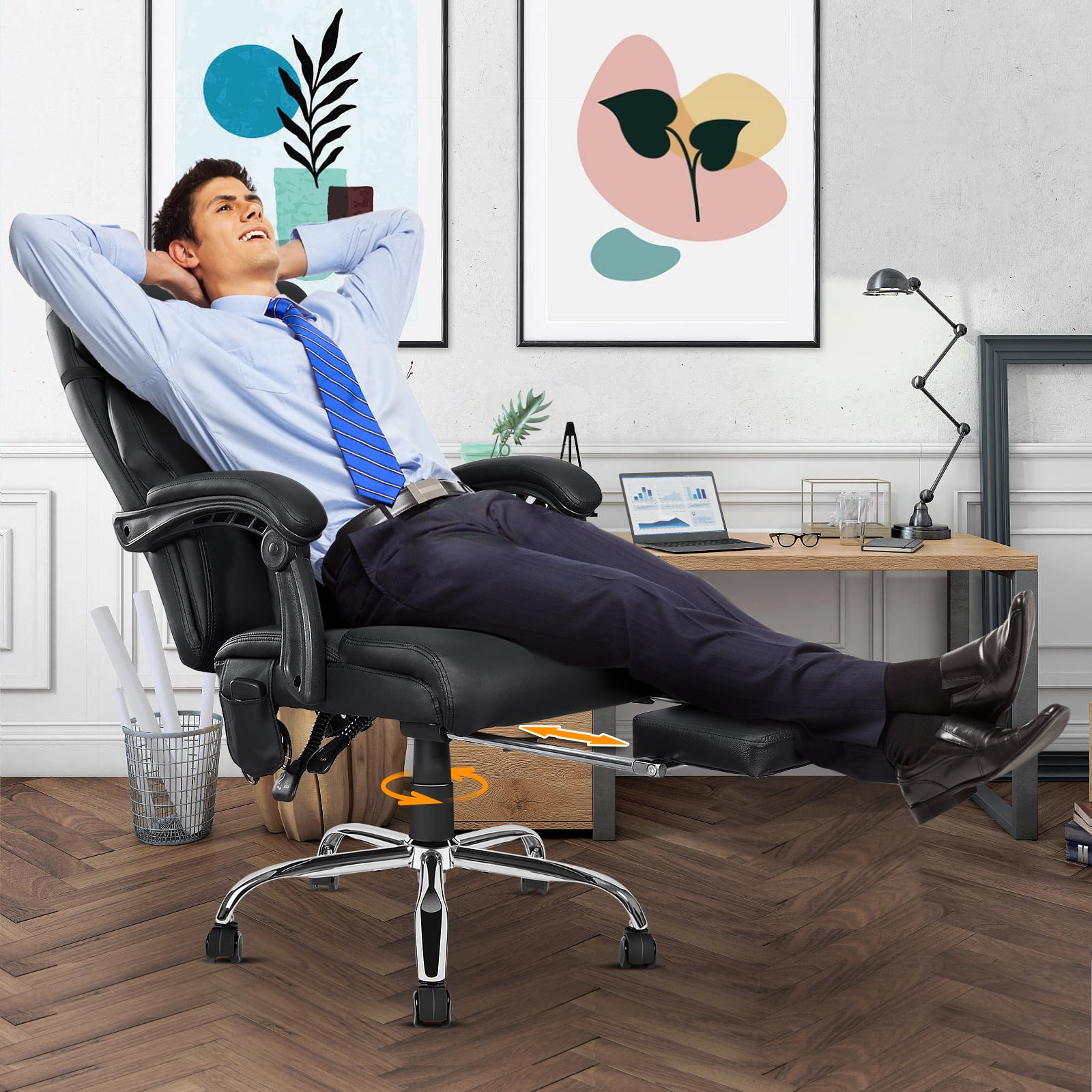 NOBLEMOOD 4 Points Massage Heated Office Chair with Foot Rest&Pillow Black Ergonomic Excutive Office Chair for Adult