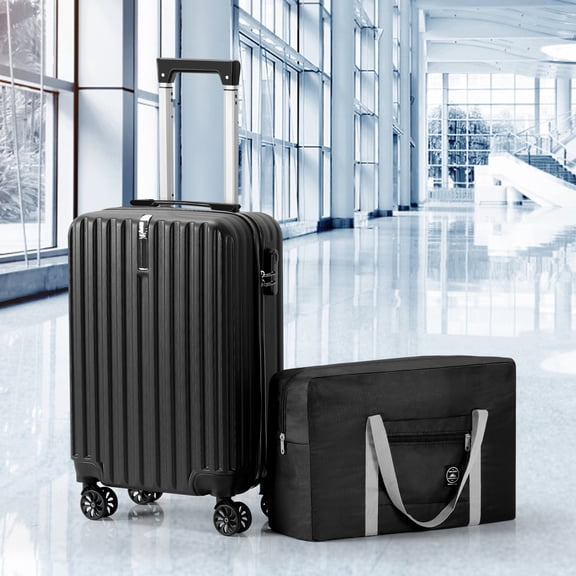 2 Piece Set – 20" Carry On Luggage with Foldable Travel Bag, Lightweight ABS Hardside Suitcase with 360° Spinner Wheels, Black
