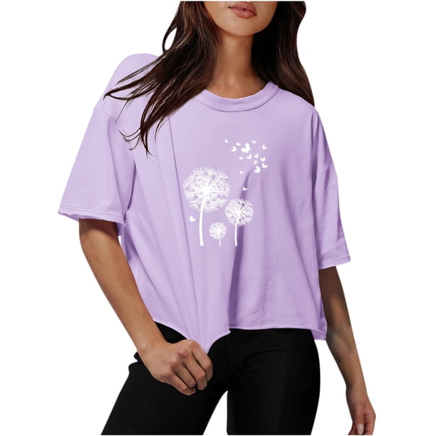 Camisetas Sobredimensionadas para Mujeres Gota Hombro Cuello Redondo Cultivo Top de Entrenamiento, Blusa de Verano Casual para Diario Y Fitness