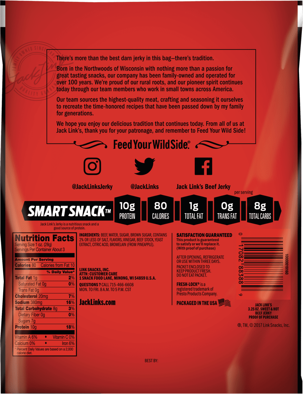 Jacks Link's Beef Jerky, Protein Snack, Sweet & Hot, 3.25oz