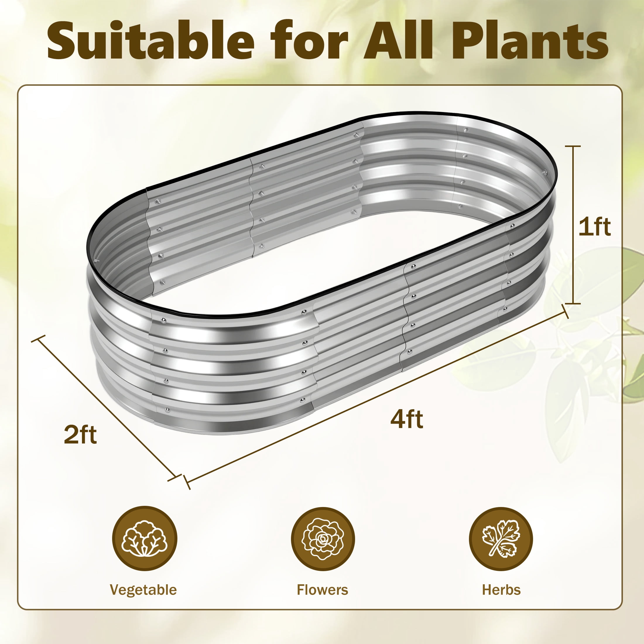 JIOABL Oval Metal Garden Bed: Corrosion-Resistant, Open-Base Drainage – Safe & Durable Outdoor Planting, Silver