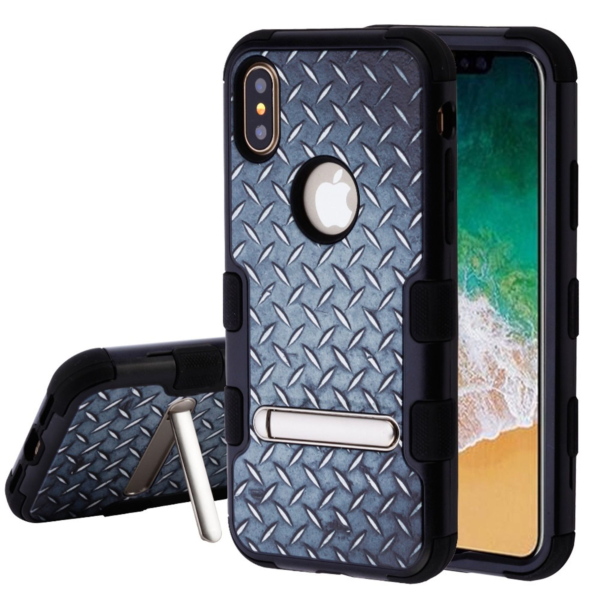 MyBat Tuff Aluminum Treads Dual Layer Hybrid Stand PC/TPU Rubber Case Cover for Apple iPhone X XS edition 5.8" (2017) - Black