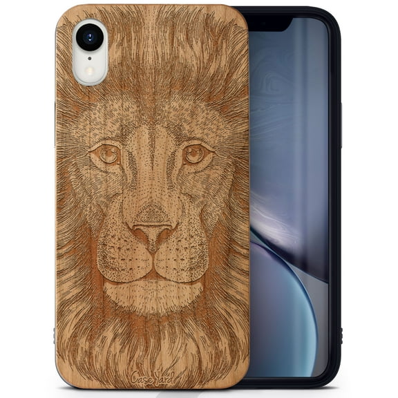 Case Yard Wooden Case Outside Soft TPU Silicone, Slim Fit Shockproof Wood Protective Phone Cover for Girls Boys Men and Women, Supports Wireless Charging Great Lion Design case for iPhone-XR