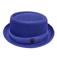 thumbnail image 3 of Pork Pie Hats for Men Breathable Mesh Straw Fedora Sun Hat with Retro Flat Top Design Lightweight Ventilated Summer Cap for Outdoor Travel Beach Casual Wear,Blue, 3 of 4