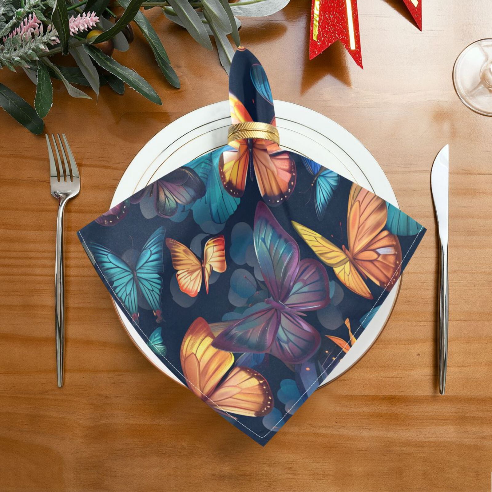 JSTEL Butterflies Colorful Cloth Napkins Set of 6, 20x20 Inch Washable and Reusable Napkin for Decoupage Dinner Party Everyday Use