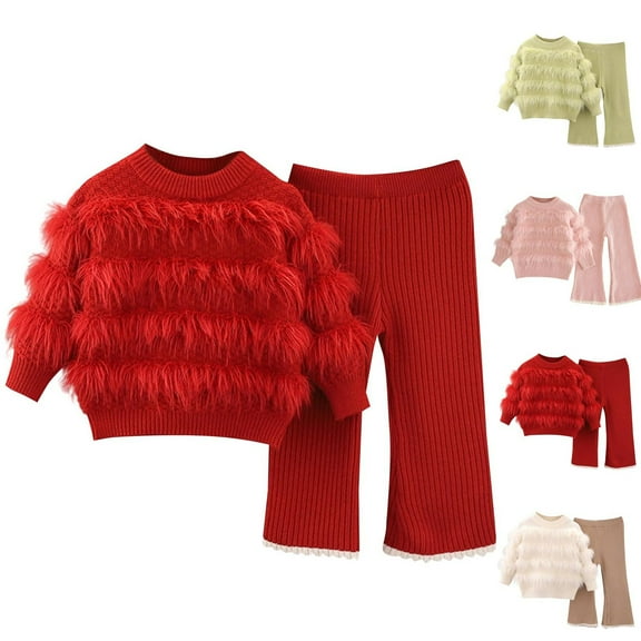 Piuwrlz Kids Sweatsuits Sets 2pcs Girls Jogger Set Round Neck Knitted Sweats and Sweatpants Beige Size 7 Years