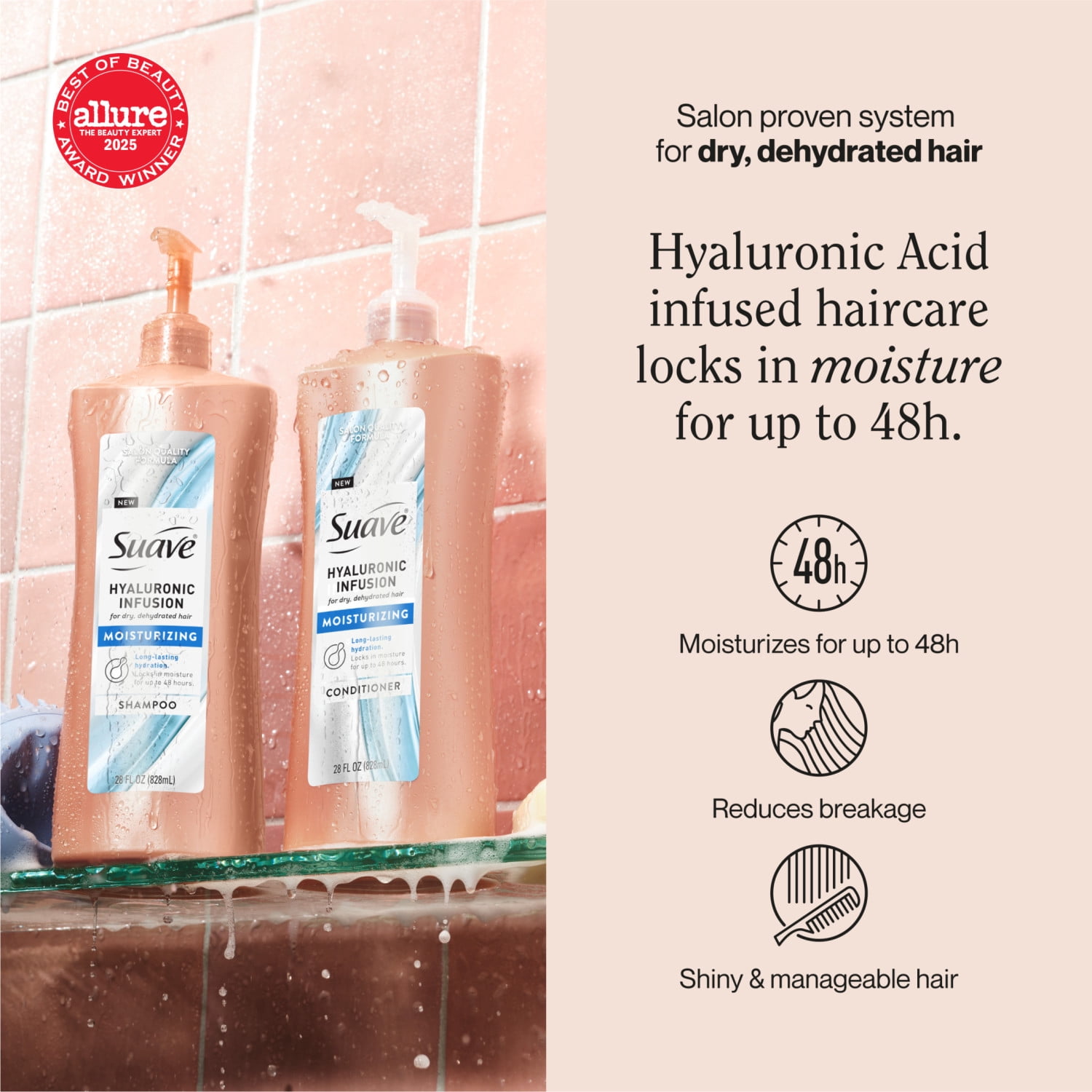 (4 pack) Suave Hyaluronic Infusion Moisturizing Shampoo, Hydrates Dry Hair with Hyaluronic Acid, 28 fl oz