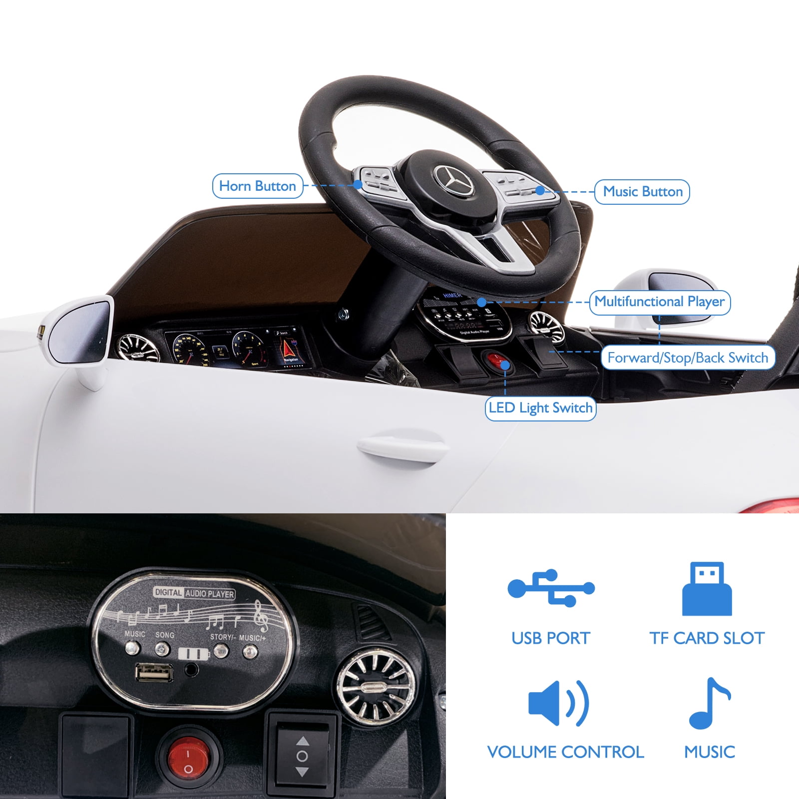 Bopilon Kids Electric Ride on Car with Remote Control, 12V Licensed Mercedes Benz Kids Car Battery Powered Electric Vehicles Toy Car, Adjustable Speed, Safety Belt, Music&LED Lights(White)