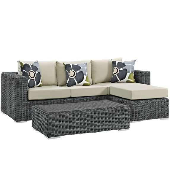 Modern Contemporary Urban Design Outdoor Patio Balcony Three PCS Sectional Sofa Set, Beige, Rattan