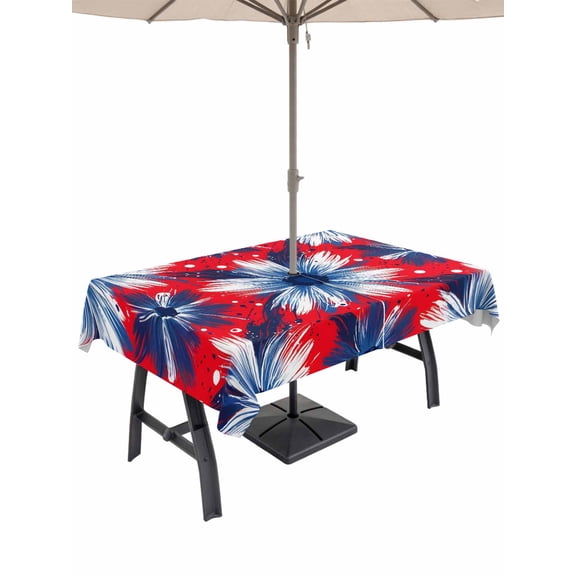 Outdoor Tablecloth with Umbrella Hole for Patio/Picnic/Party/Camping, 250th Anniversary Waterproof Table Cloth Rectangle Table Cover Washable, Red Blue Floral Patriotic Blooms (60"x 120")
