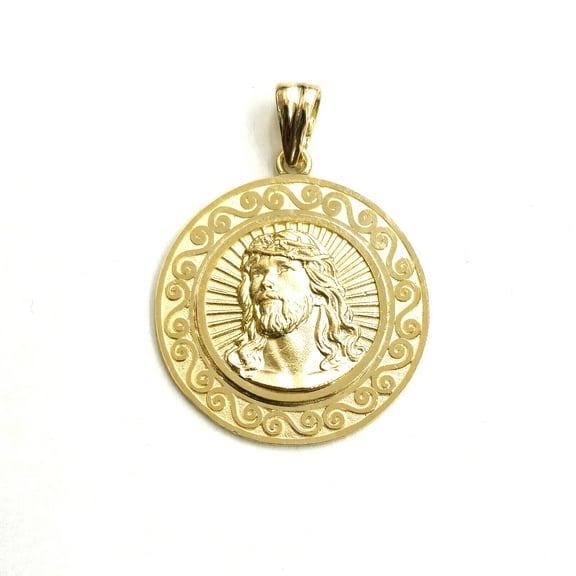 14k yellow gold round Jesus pendant charm 0.98" gift religious fine jewelry 4.2g