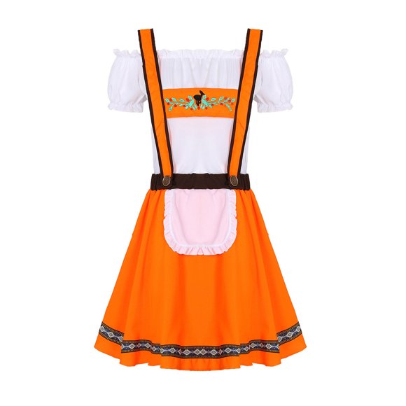 LUOGENLI Dress Toddler Girls Children 2Pc Stage Suit 1Pc Top+1Pc Suspender Dress Children Traditional Festival Clothing Embroider Suspender Suit Maxi Skirt with Slit for Girls Orange 4-5 Years
