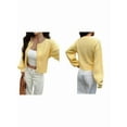 thumbnail image 3 of Women Button Up Cardigan Fall Trendy Crew Neck Long Sleeve Knit Cropped Sweater Jacket Yellow L, 3 of 7