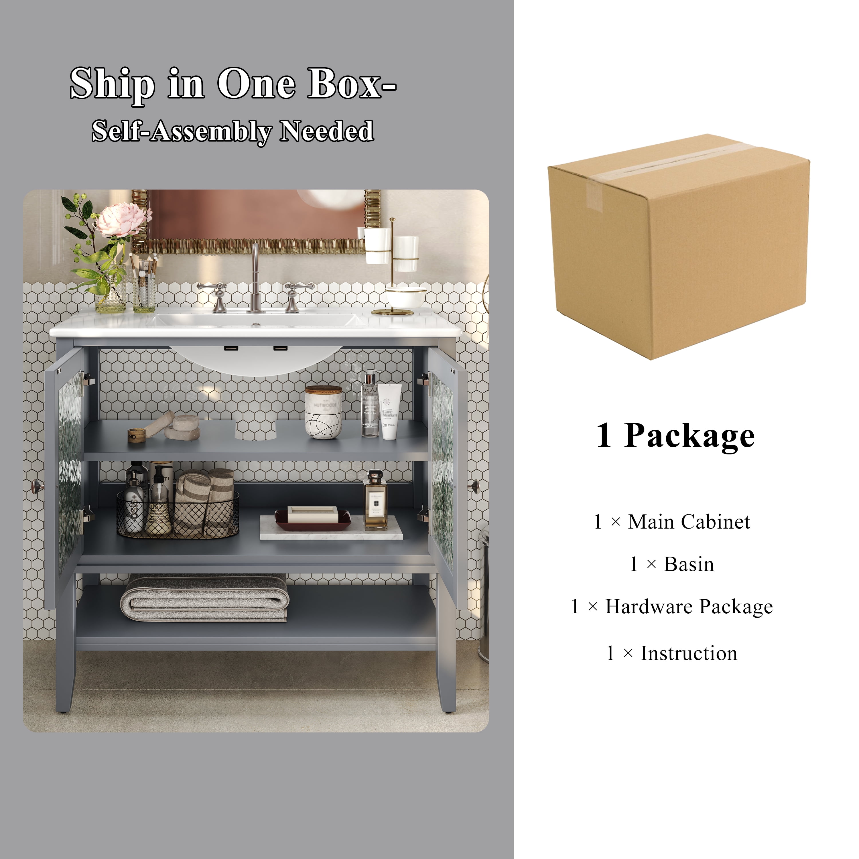 Euroco 36" Bathroom Vanity with Ceramic Sink, Textured Glass Doors, Solid Wood Legs, and Open Shelf – Modern Storage Solution