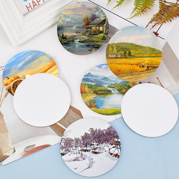 24 Pcs Canvas Panels Wood and Linen Painting Canvas Flat Round Blank Oil Paint Board White 10x0.3cm