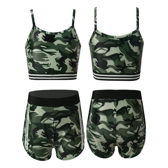 TiaoBug Girls 2 Piece Camouflage Athletic Set Spaghetti Straps Crop Top with Shorts Set Dance Activewear