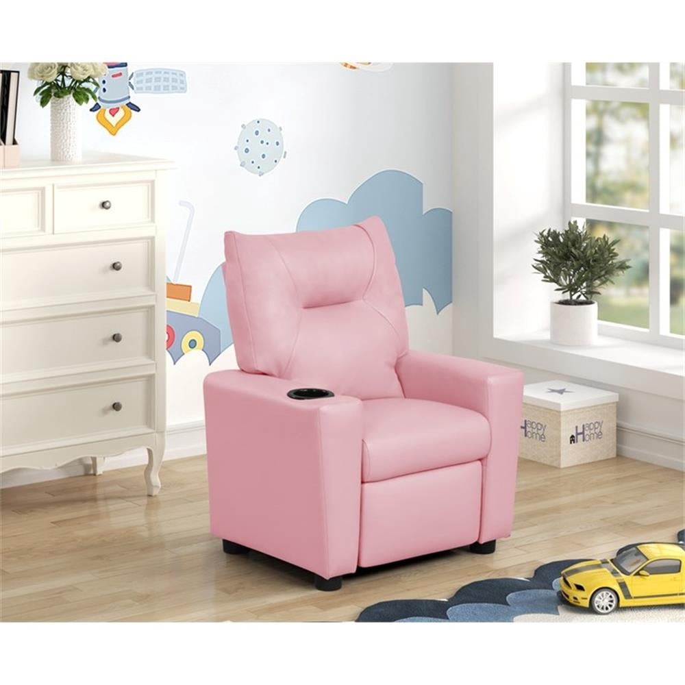 Perline 23"W Pink PU Leather Fabric Kids Recliner Chair with Cupholder
