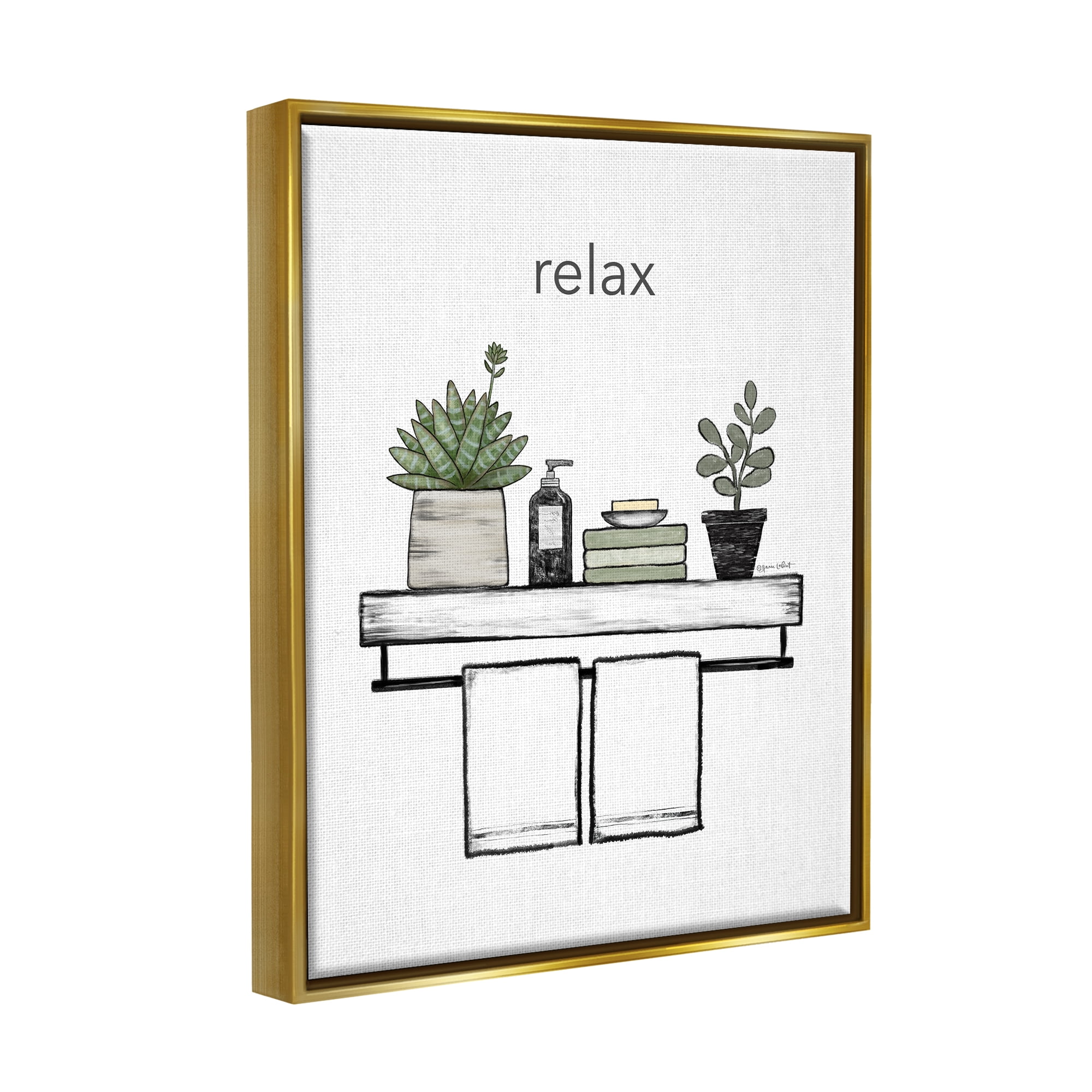 Stupell Relax Bathroom Potted Botanicals Typography Painting Gold Floater Framed Art Print Wall Art