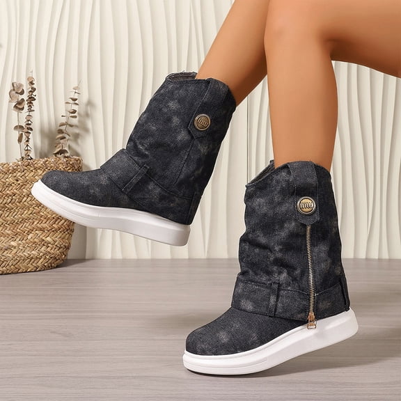 KEVCHE Women's Slip on Ankle Boots, Fall Winter Denim Round Toe Platform Side Zipper Short Boots with Breathable Lining, Trendy Boots for Daily Wear