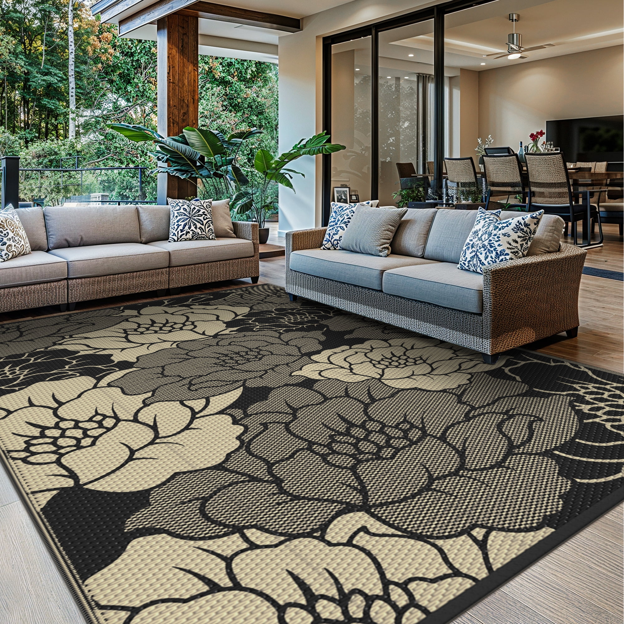 KUETH 8'x 10' Outdoor Rug Plastic Waterproof Outside Foldable Flower Mat UV Resistant Patio RV Deck Carpet,BLACK BEIGE