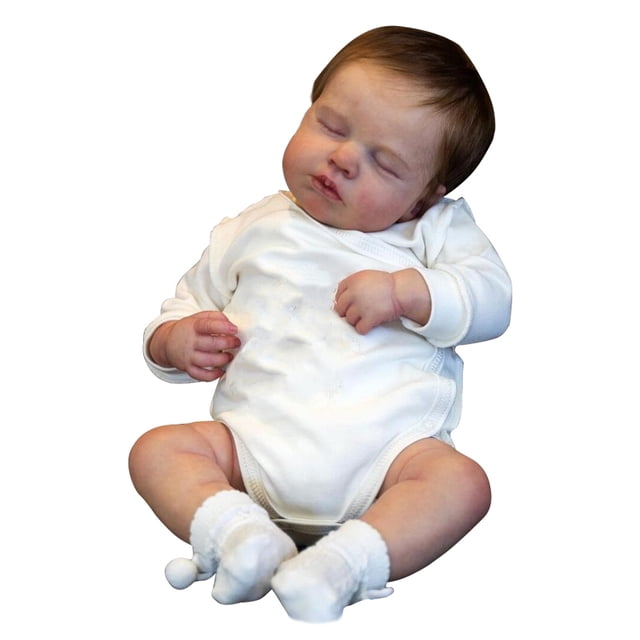 juego de muñecas para vestir realistas de silicona con pelo para regalos compañía bebés ygjytge muñeca reborn 49 cm, vista frontal 3/4 con cuerpo de tela suave color claro, cabeza y extremidades de vinilo blando, pelo atado a mano oscuro, ojos cerrados, vestida con body blanco y calcetines; articulada para posar y adecuada como herramienta educativa para practicar vestir y cuidado infantil.