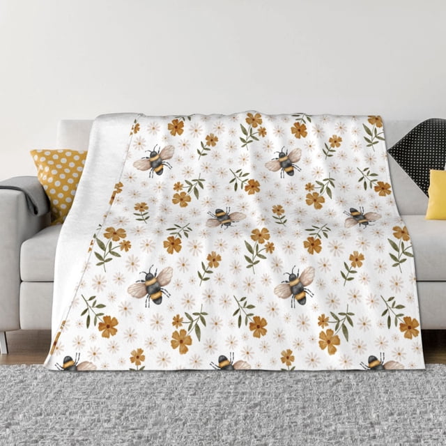 Balery Bees And Flowers Manta de Franela con Dibujo, Lujo Ultra Suave y Cálido, Antipelusa y Resistente a las Arrugas para Cama, Sofá, Camping -60"x50"