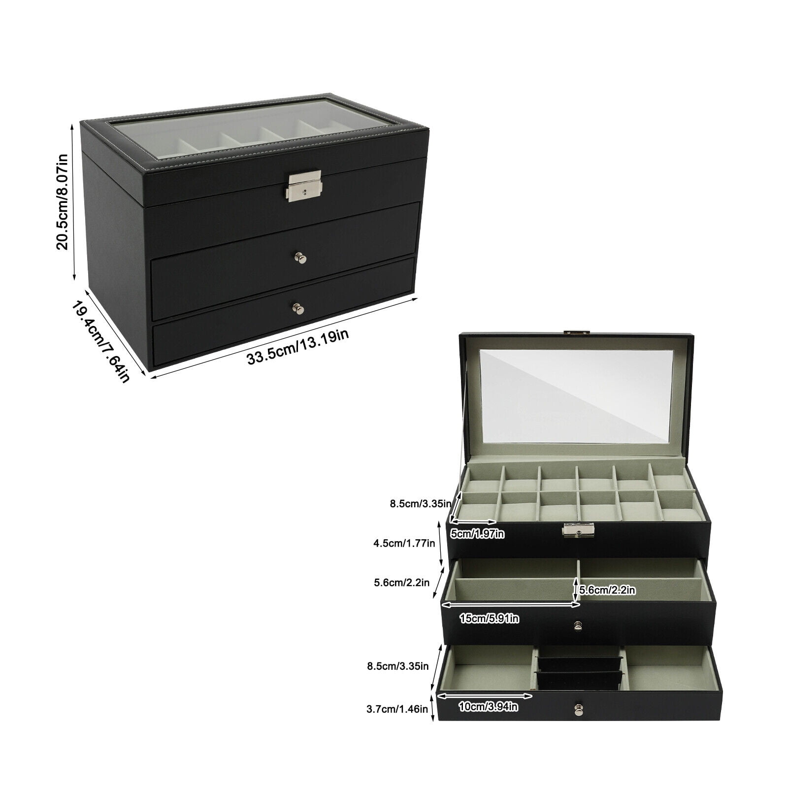 3-Tier Jewelry Organizer Box - Premium Density Board Watch & Jewelry Storage Case with Adjustable Compartments for Rings, Necklaces, Earrings - Stylish Display & Travel-Friendly Design