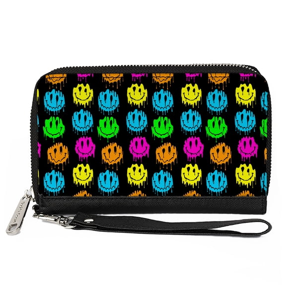 Buckle-Down Wallet, Zip Around, Smiley Faces Melted Mini Repeat Black Multi Neon, Vegan Leather