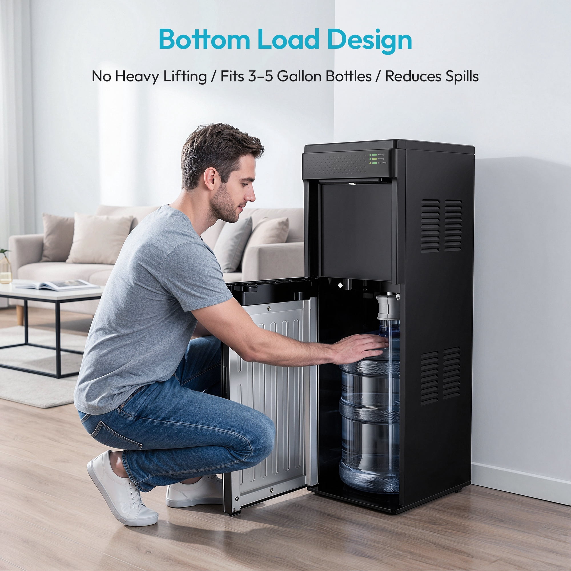 EUHOMY 4-in-1 Water Dispenser with Ice Maker, Cold Hot & Room Temperature Water, Child Safety Lock, Compatible with 3–5 Gallon Bottles for Home/Office, Black and Silver