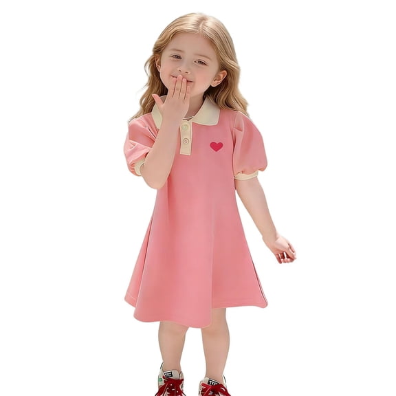 FRSASU Girl's Cotton Polo Dress Summer Puff Short Sleeve Button Collar School Uniform Dresses for Kids 2-12 Years Pink