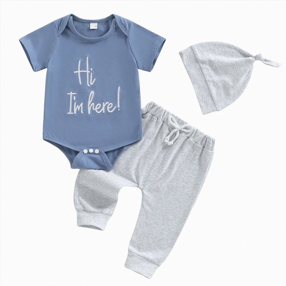 mgoYE Newborn Baby Boy Clothes Letter/Pattern Printed Romper Jumpsuits One Piece Infant Coming Home Outfit 3Pcs Clothing Set(Blue,6-12 Months)