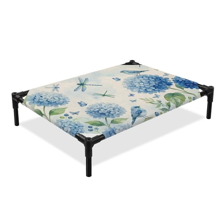 Blue Floral Bird Elevated Dog Bed Summer Blue Flower Dragonfly Bird Linen Texture Cooling Breathable Outdoor Raised Dog Cot Bed with Metal Frame Non-Slip Feet for Large Dog 28x22in