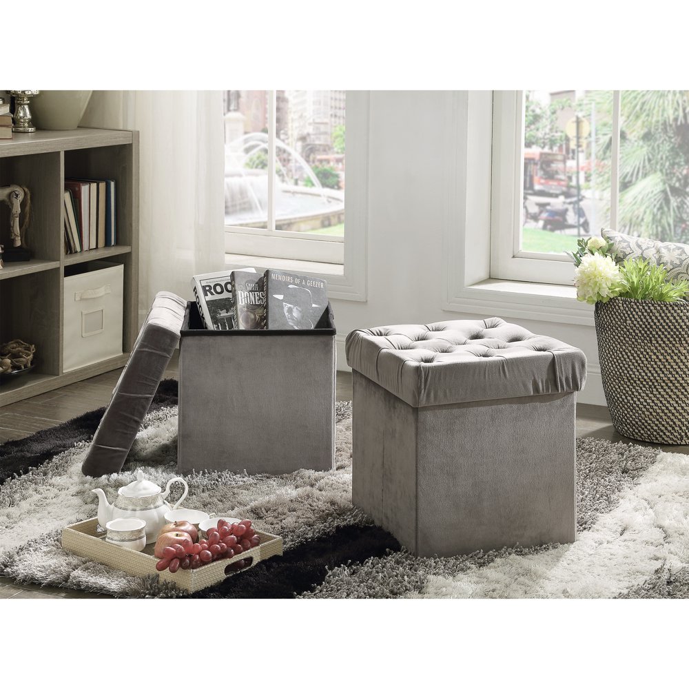Foldable Storage Ottoman Cube Foot Rest, Grey (2 Pack)