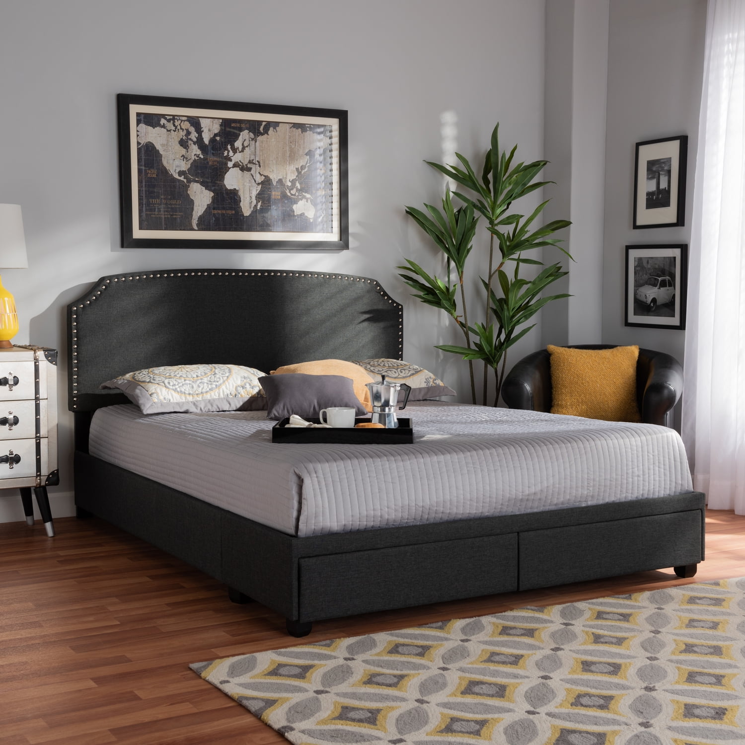 Baxton Studio Larese Dark Grey Fabric Upholstered 2Drawer King Size