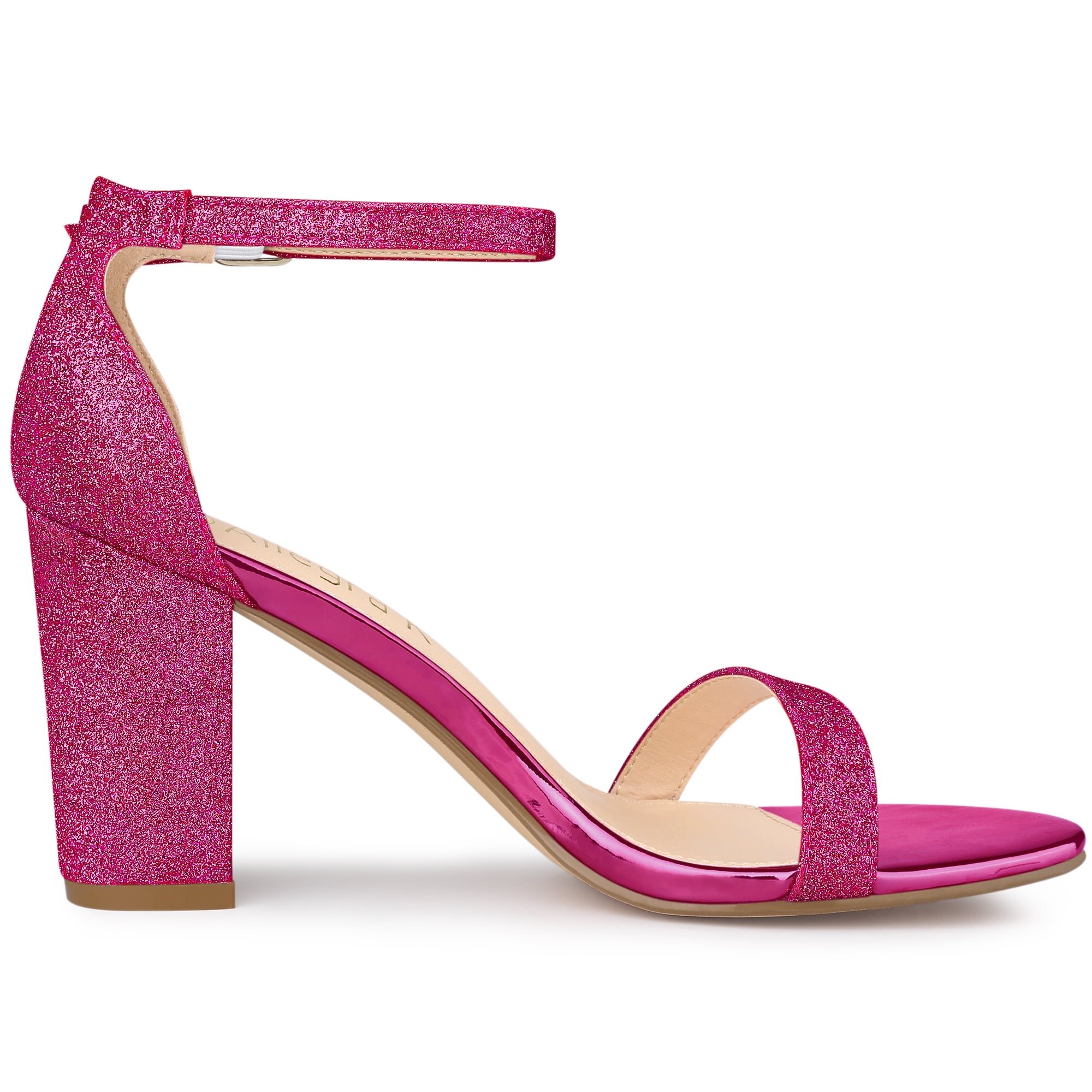 DARING DIVA Women's Ankle Strap Chunky Heels Glitter Vamp Open-Toe Sandals Hot Pink 8.5