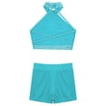 thumbnail image 4 of Yeahdor Kids Girls 2Pcs Gymnastics Dance Outfits Shiny Halter Crop Top with Booty Shorts Activewear Blue Green 10, 4 of 7