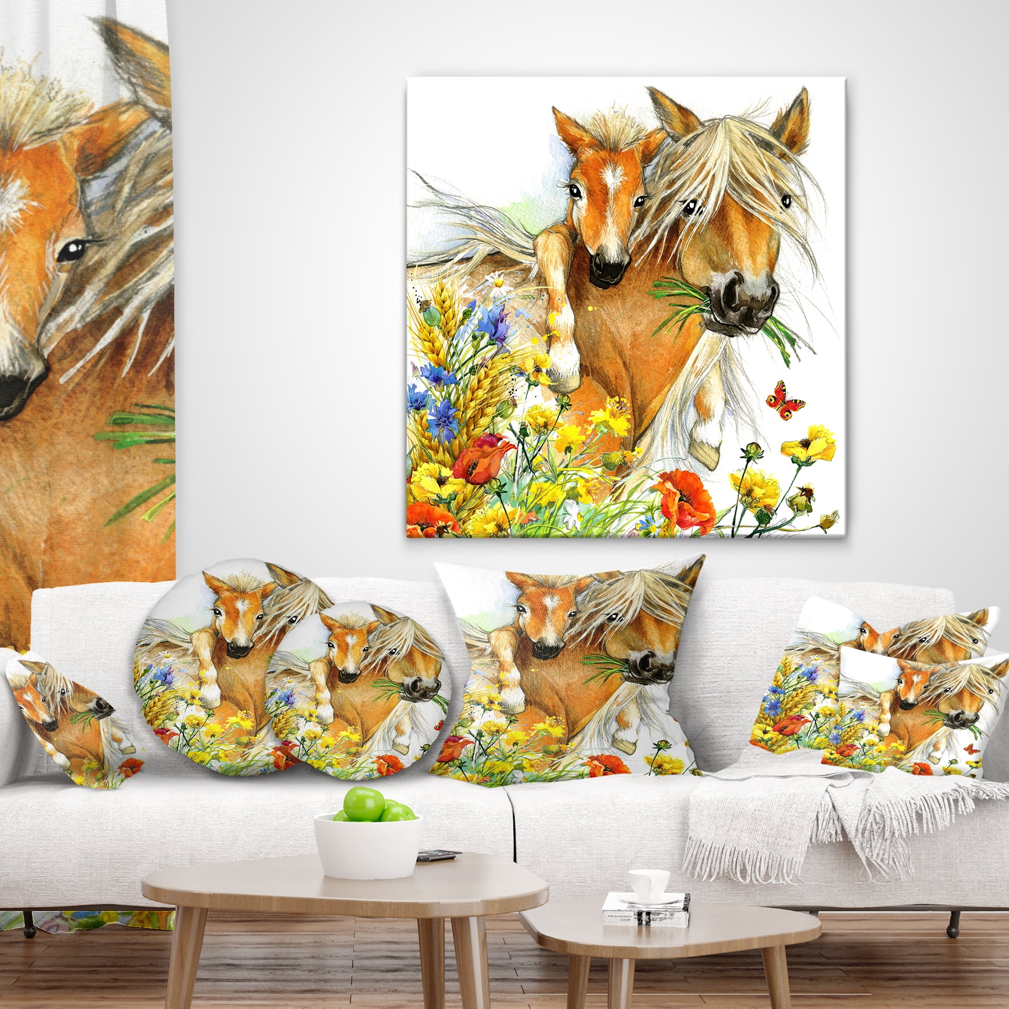 Designart Horse and Foal with Flowers - Animal Throw Pillow - 16x16
