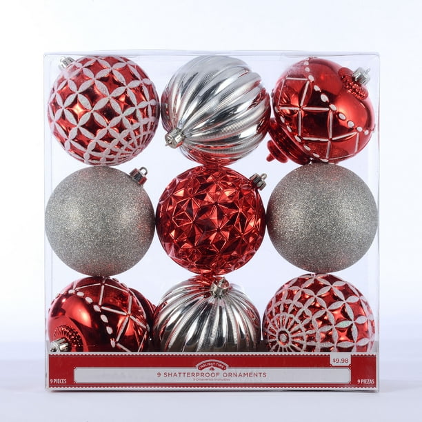 Holiday Time 9 Count Round Shatterproof OrnamentsRed & Silver