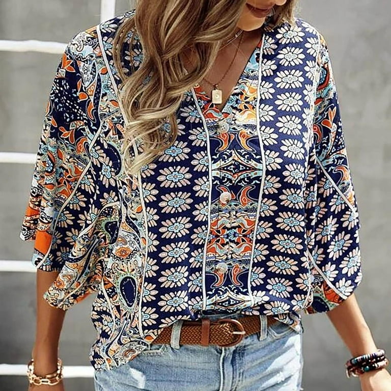 Boho Tops for Women Loose Fit Casual Bohemian Printed Loose Short Sleeve  V-neck Pullover Blouse Floral Shirt