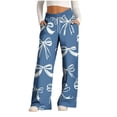 thumbnail image 2 of Maqroz Wide Leg Pants Women Plus Size Summer Floral Print Loose Flowy Lounge Trousers with Pockets Stretchy Drawsting Elastic Waisted Faux Denim Pants Causal Bottoms Sleep Pants Outdoor Navy XL, 2 of 6