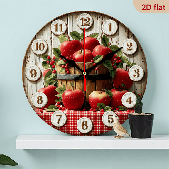 2D Flat 1pc 10Inch Vintage Silent Wall Clock - Apple Barrel Design with Red Apples Checkered Background, Artificial Wood Quartz Battery Operated (AA Not Included) - Non-Luminous Home Decor