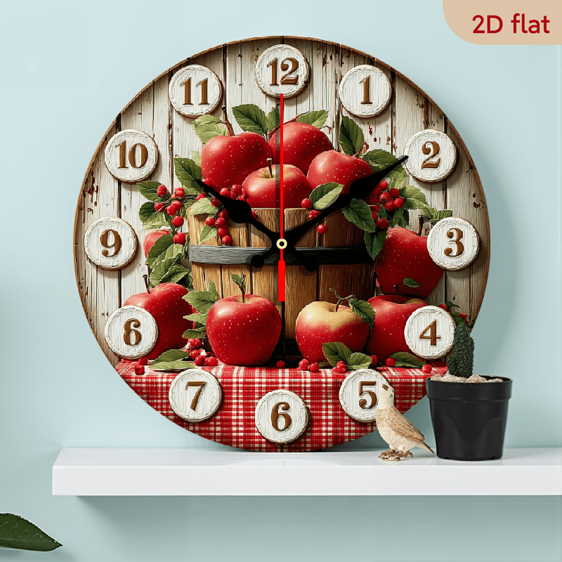 2 D Flat 1 pc 10 Inch Vintage Silent Wall Clock Apple Barrel Design with Red Apples Checkered