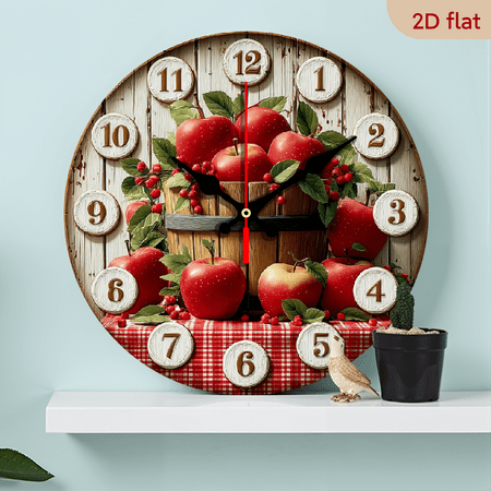 2D Flat 1pc 10Inch Vintage Silent Wall Clock - Apple Barrel Design with Red Apples Checkered Background, Artificial Wood Quartz Battery Operated (AA Not Included) - Non-Luminous Home Decor