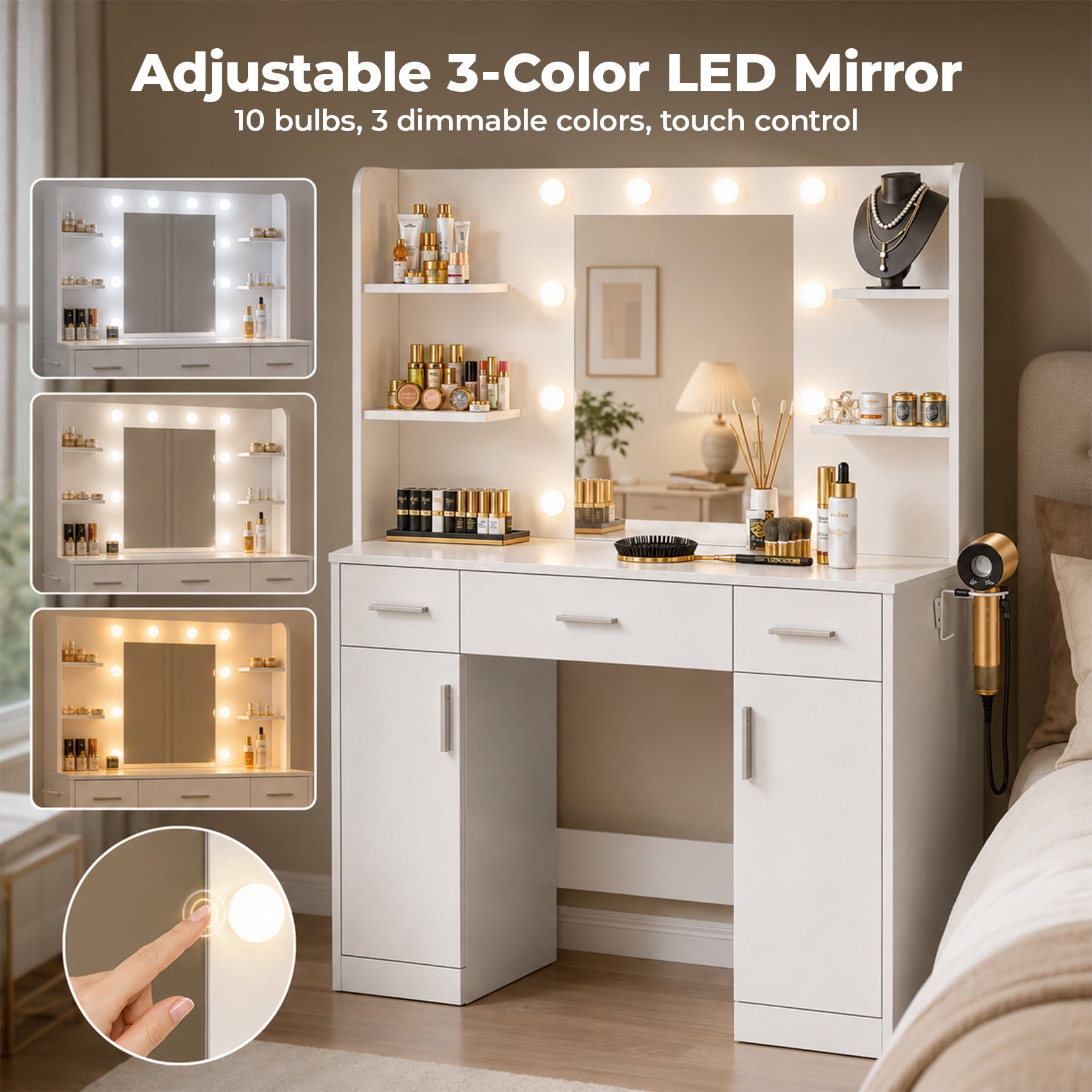 Alvantor Vanity Desk with Mirror & Lights, LED Makeup Table with Drawers & Shelves, USB Ports, White