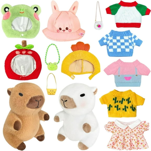 9.84" Capybara Plushies Toy Set (14Pcs) - 2 *Plush Dolls & 5*Clothings & 4*Head Covers & 3*Bags - Cuddly Soft Huggable Stuffed Animals Toy, Perfect Gifts for Women Teens & Fans