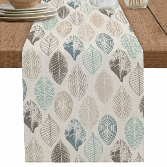 Vintage Leaves Table Runner 108 Inches Long for Dining Table Decor,Retro Blue Teal Purple Khaki Leaf Burlap Linen Farmhouse Table Runner Coffee Table Runners Dresser Scarf for Kitchen Party Holiday