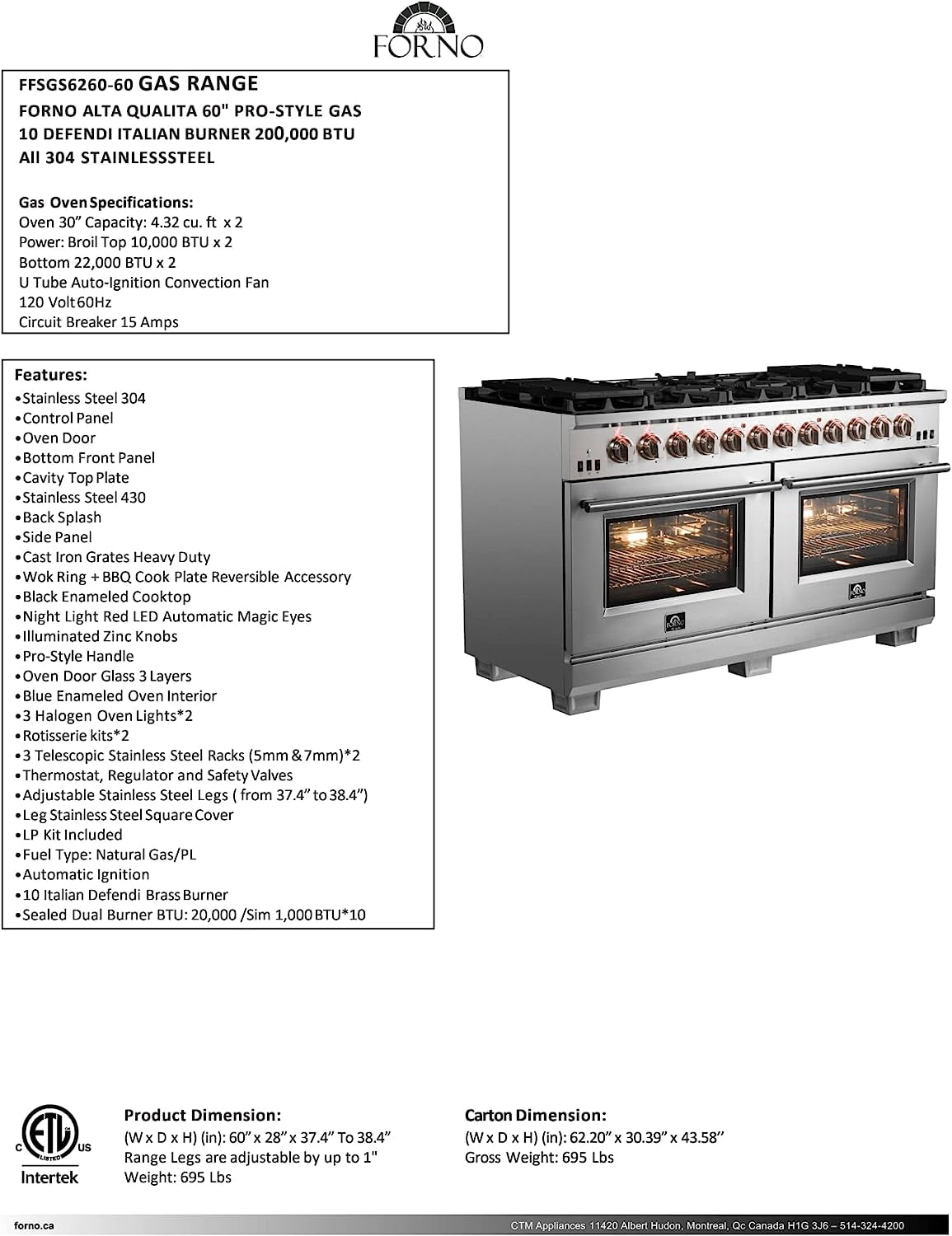 Forno Capriasca 60-Inch Freestanding Gas Range, 10 Burners, True Convection Oven