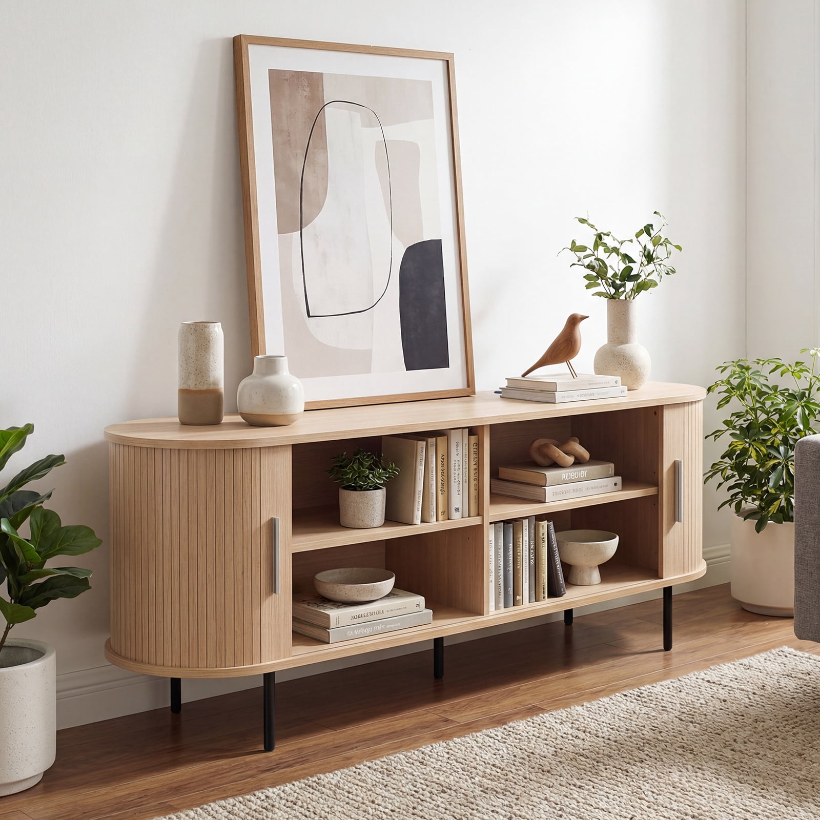 Costway Fluted TV Stand for TVs up to 60”, Mid Century Curved Entertainment Center Natural