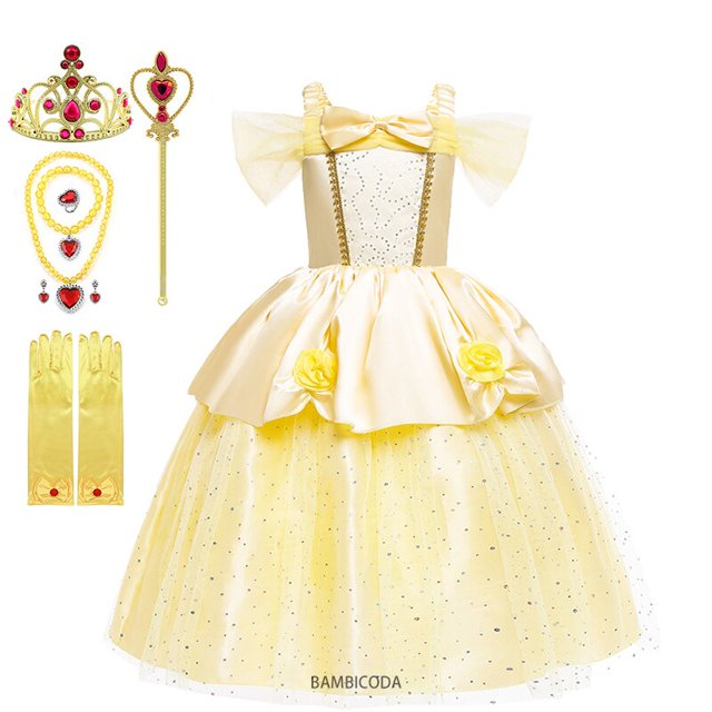 Girls Belle Princess Dress Disney Kids Summer Cosplay Costume Beauty and the Beast Clothing with Stick Crown Birthday Party Gift7-8T(140) Gao Jinjia LED